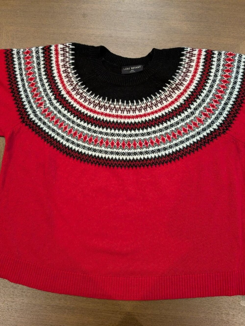 Lane Bryant Red Fair Isle Sweater 26/28 Black Cream Yoke Holiday Pullover